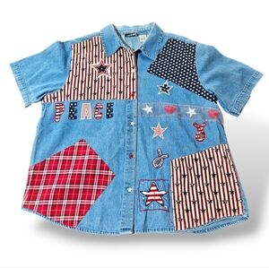 Vtg Fashion Bug Denim Star Buttons Sz 18/20 Shirt American USA Peace Patchwork